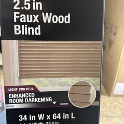 Driftwood Gray Cordless Premium Faux Wood blinds with 2.5 in Slats - 34 in W x 64 in L (Actual Size 33.5 in W x 64 in L)