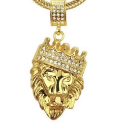 ✅Hip Hop Gold Chain With Alloy And Bling CZ Crown Lion Head Pendant And Chain 24mm