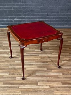 English Queen Anne Style Mahogany Card/Game Table w/ Tooled Leather Top by The Williamsburg Galleries, c. 1950's - Delivery Available