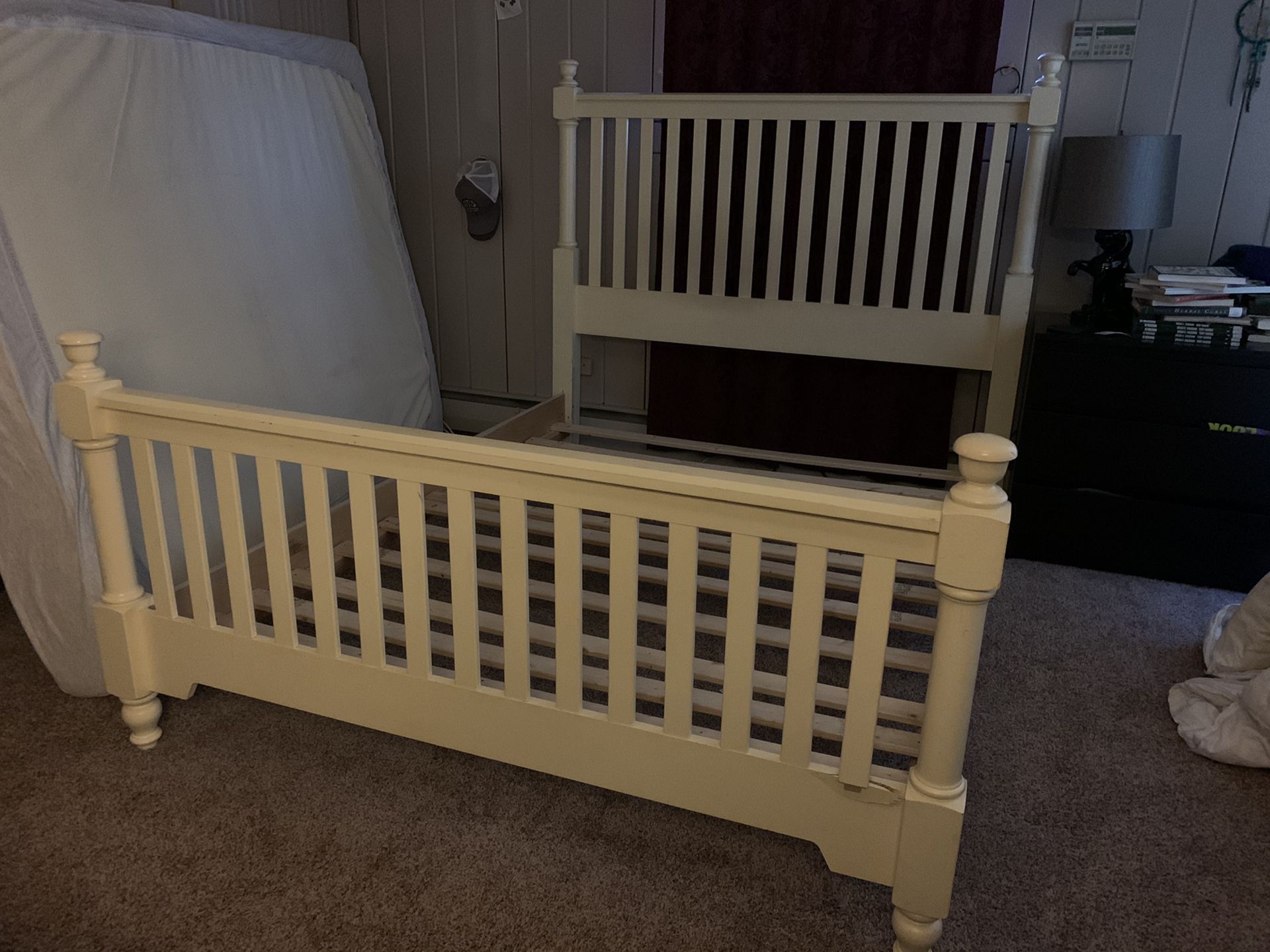 Selling a solid wood bed frame! Also have a Queen size 8” memory foam mattress and two pc foundation