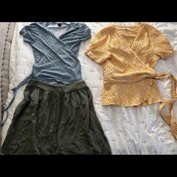 2 wrap around tops with a waffle knit skirt 20$