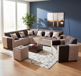 Two-Tone Fabric Sectional Sofa Set with Ottoman