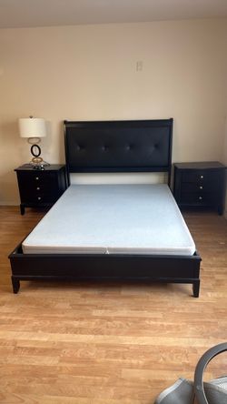 Bed frame with box and two night stands  and one lamp