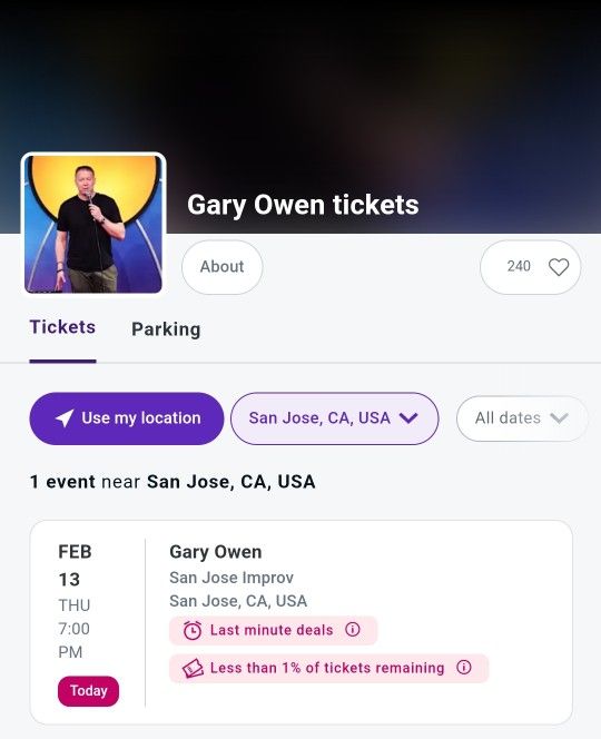 2x Tickets To Gary Owen, Thursday @7Pm
