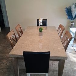 Modern Granite Top Dining Table Set – 6 Chairs – Glass Overlay – Excellent Condition