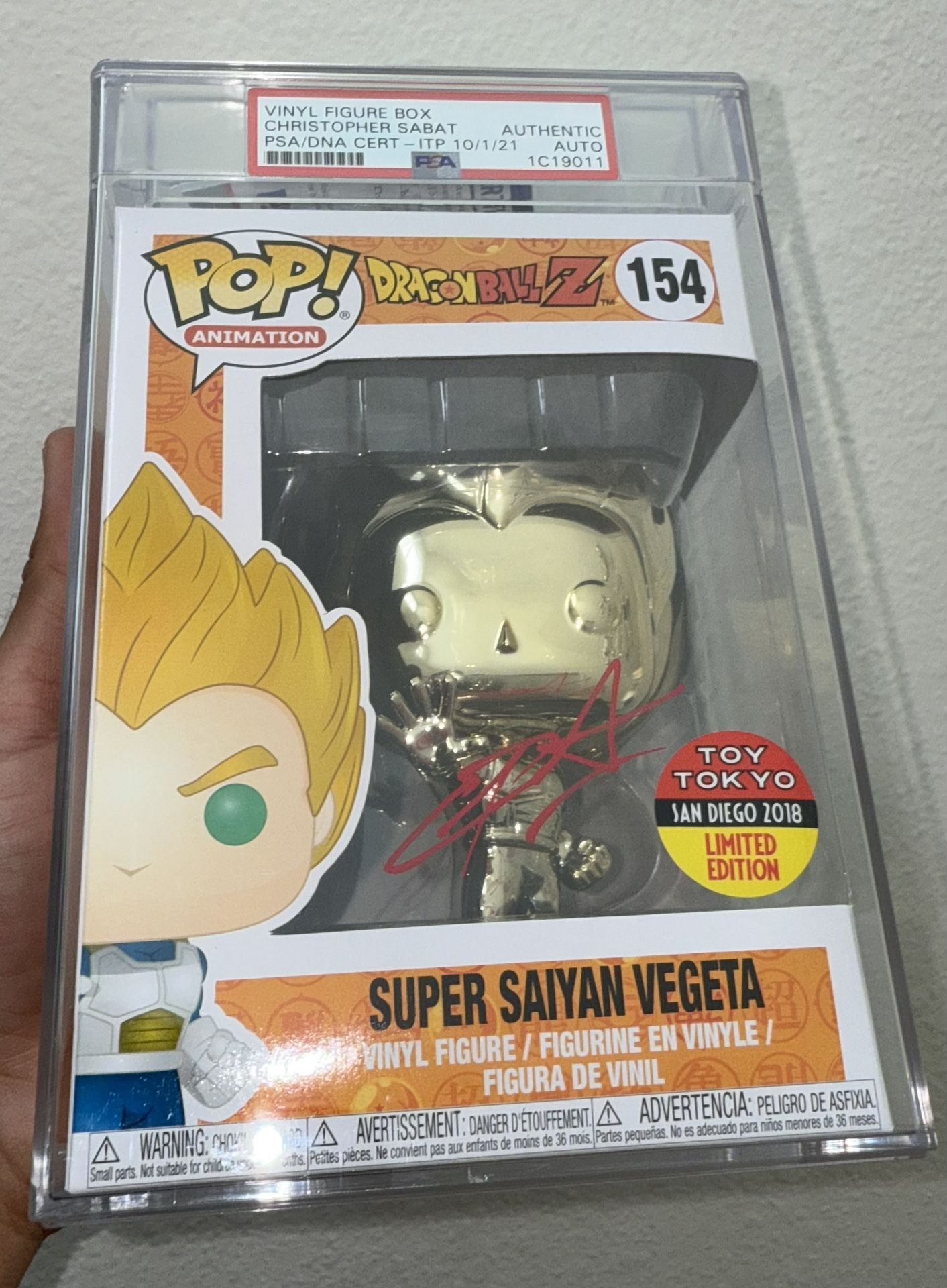  Funko Pop! Animation Dragon Ball Z Super Saiyan Vegeta Gold Chrome #154 PSA Certified Christopher Santa Autograph