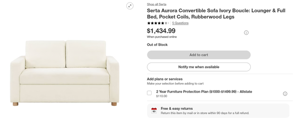 Serta Aurora Convertible Sofa Ivory Boucle: Lounger & Full Bed, Pocket Coils, Rubberwood Legs