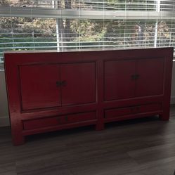 Solid Wood Red TV Console – 60.5” Storage Cabinet