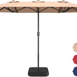 15ft Patio Umbrella with Base Included, Extra Large Shade Area, Double Sided Rectangle with Crank Handle for Poolside, Garden, Yard, Beige  