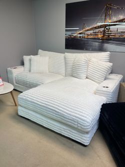 Ivory Jumbo Corduroy 2pc Reversible Sectional Sofa w/ Dual Cupholders & USB Ports