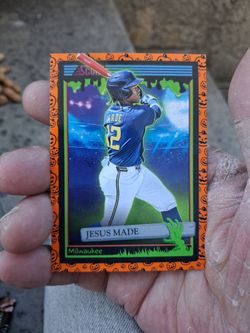2026 Panini Score-A-Treat Jesus Made #156 Orange Pumpkin Parallel Baseball Card - Milwaukee Brewers Prospect Pre-Rookie. Near Mint/Mint Condition.