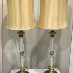 Pair of Tall Speckled Antique Speckled Gold & Resin Lamps with Matching Finials & Shades 