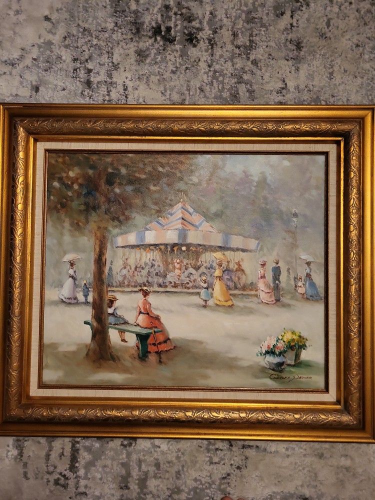 Framed 24”x 20” Original Painting on Canvas-Charles Parker-Carousel in the Park.