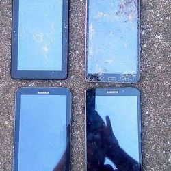 (4) Tablets - 3 Samsung &amp; 1 Idea, 2 Cracked Glass, Samsung (2) Tab 4's and (1) Tab 3 and Data Capable or for Wifi, ALL FOR PARTS OR REPAIR