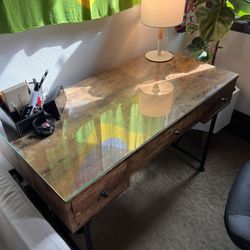 3 Drawer Writing Desk, w/ Black Metal Base; Antique Nutmeg Brown; w/ Custom-Made Glass top.