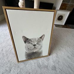 Modern Framed Cat Canvas Wall Art – Natural Wood Frame