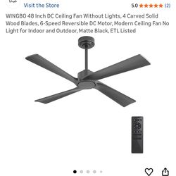 WINGBO 48 Inch DC Ceiling Fan Without Lights, 4 Carved Solid Wood Blades, 6-Speed Reversible DC Motor, Modern Ceiling Fan No Light for Indoor and Outd