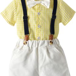 Baby Boy's Clothes Gentleman Bow Tie Plaid Shirt Short Sleeve Tops+Suspender Shorts Outfits