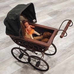 Vintage (Antique?) Baby Doll Pram W/ Old Bunny & Doll
