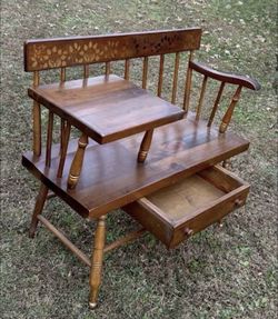 Antique Slatted Wood Hitchcock Style Phone Table Gossip Bench With Drawer