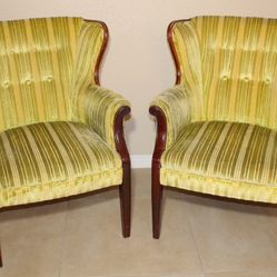 Vintage Mid-Century 70' Style Low-Back Wingback Chairs, Yellow/Green Striped
