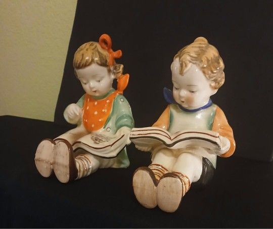 Porcelain Piano Sitter Boy Girl Brother Sister Bookends Shelf Sitters