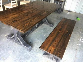 Farmhouse dining tables, benches, and chairs