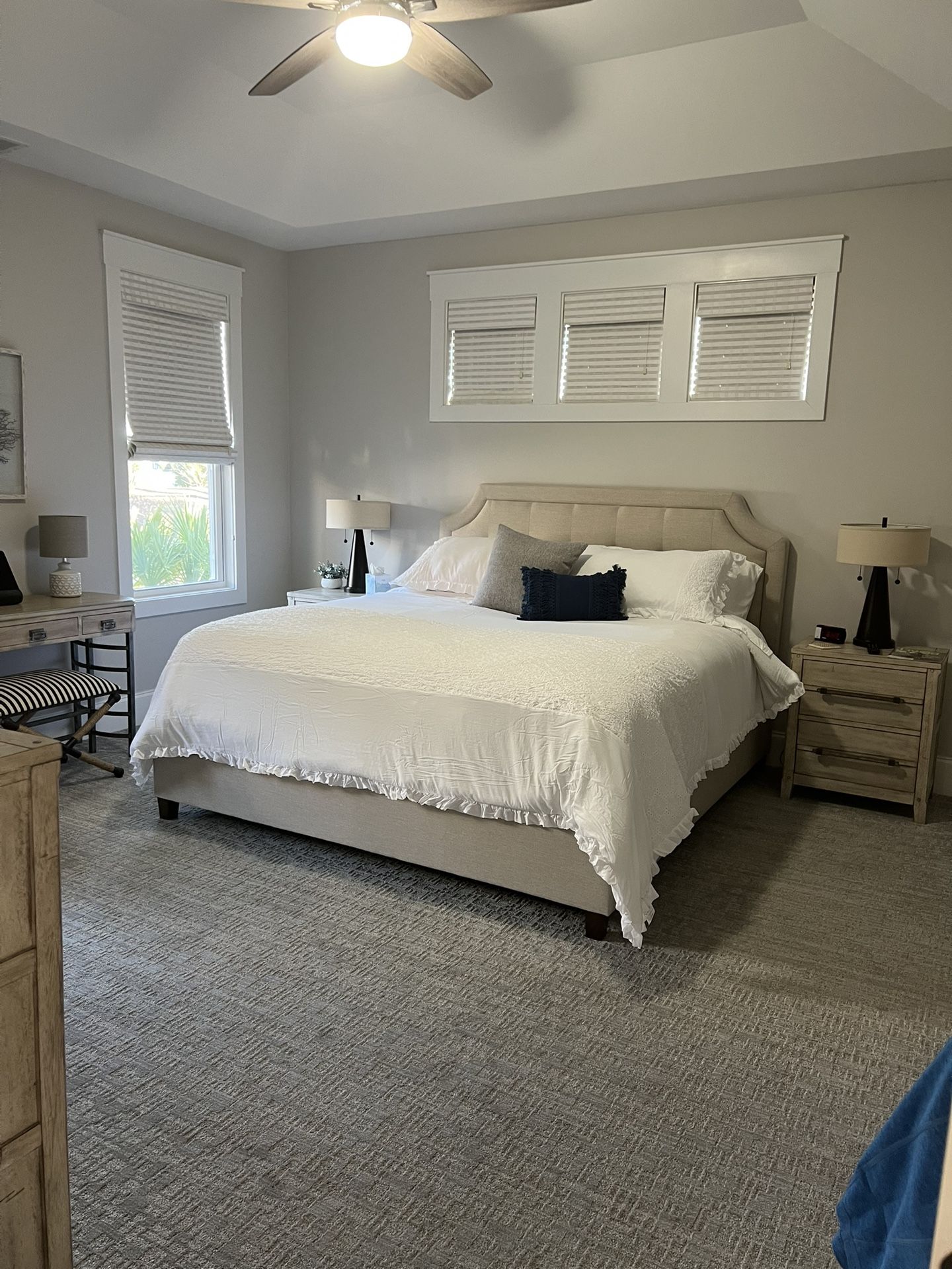 All For Sale! Bed, Dresser, Nightstands, Desk, Bench, Wall Pic, Lamps, Headboard and adjustable frame