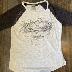 Harley-Davidson Women's Lace Accent Elbow Tee Off-White Black Lace Medium M 