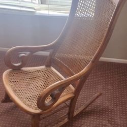 Rocking Chair Antique Solid Wood  Caned Seat And Back