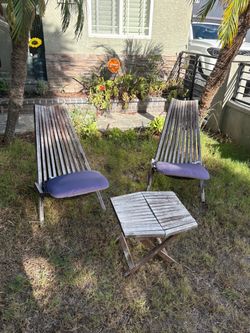 2 Wooden Patio Lounge Chairs + Folding Side Table