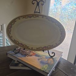 Vintage Floral Platter Czechoslovakia Gold Trim