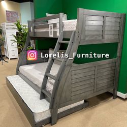 Twin/Full/Twin Gray Hoover Collection Bunk bed w. Orthopedic Mattresses Included 