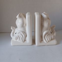 Bookends White Ceramic Elephant Animal Trunk Up Bookend Pair 