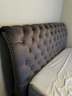 Gray Velvet Tufted Headboard with Nailhead Trim