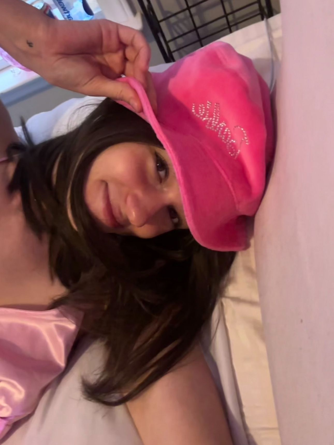 Barbie pink velvet bucket hat with rhinestone details 