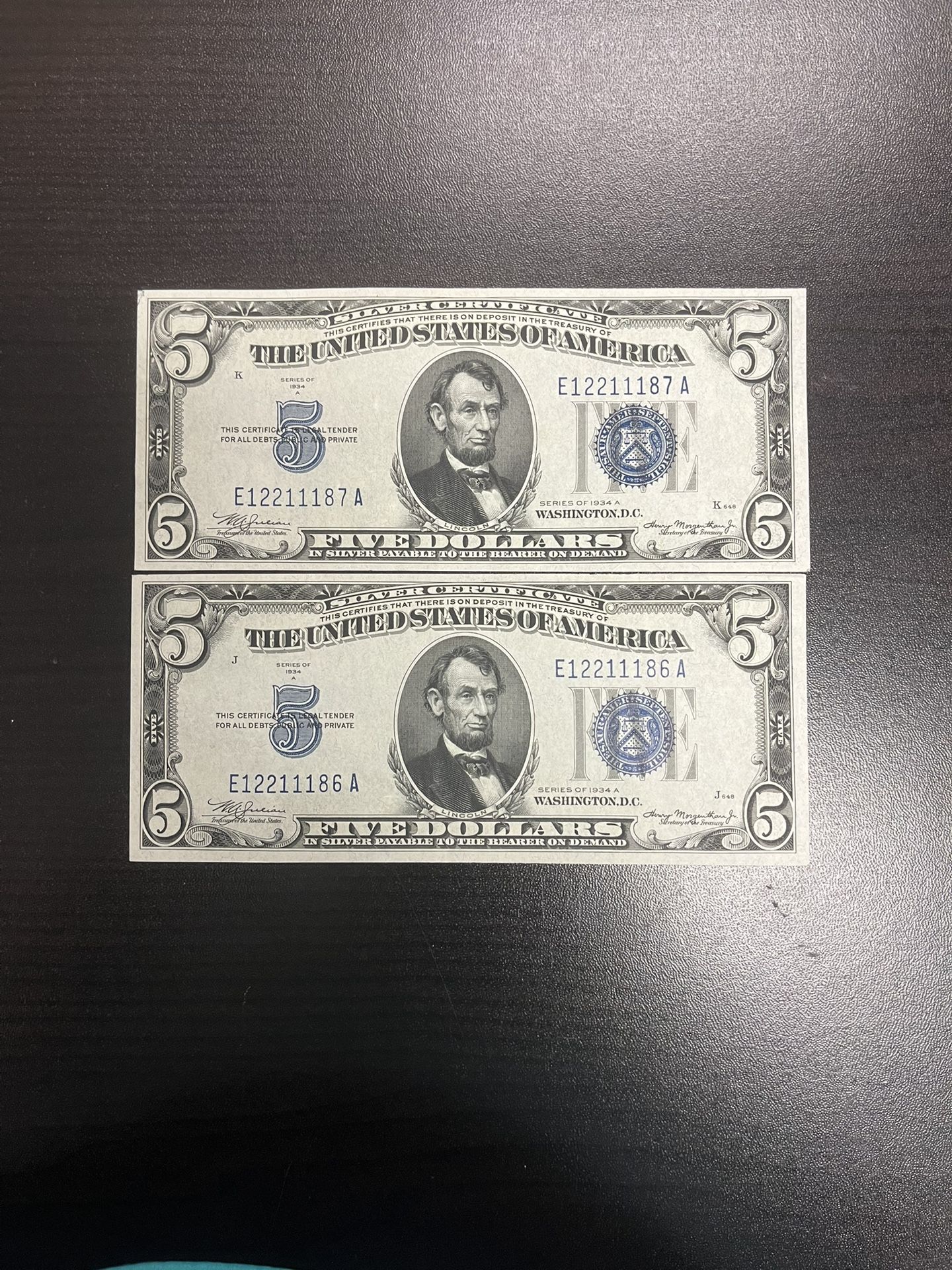 1934 $5 Silver Certificates Consecutive Notes
