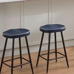 Set of 2 Navy Leather Counter Stools
