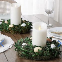 Two (2) Beautiful Large Boxwood Spotted Eggs Greenery Candle Rings