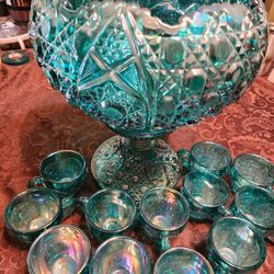 L.E. Smith Teal Blue Punch Bowl
