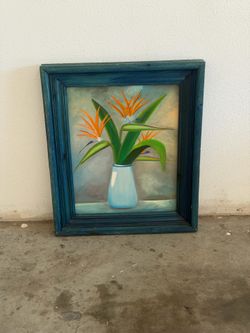 Vintage Hand-Painted Botanical Canvas Wall Art in Blue Wood Frame – Greenery with Orange & Purple Accents (21” x 24.5”)