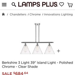 3 Light Island Light - Brushed Nickel - Clear Shade - With Bulbs - Kitchen Chandelier
