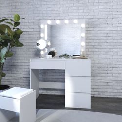 TITLE:   🥰 Gorgeous White Vanity Desk with LED Mirrors and Stool