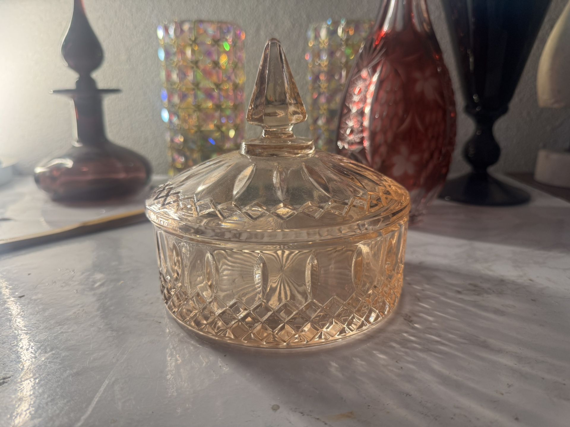 Vintage Indian pink glass candy dish