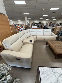 Monica leather power recliner sectional Large Cream Leather Power Recliner Sectional Sofa
