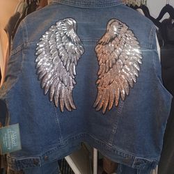 Women's Plus Size Denim Jacket Silver Angel Wings 