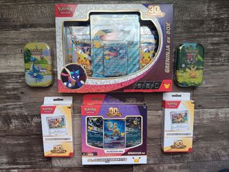 Pokemon 30th Celebration Greninja ex box, Umbreon Battle deck, Knockout collections and Mini tins