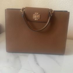 Tory Burch Britten Pebbled Leather Tote In Brown Color 