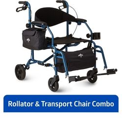 Medline Combination Rollator Transport Wheelchair, Folding Rolling Walker Wheel Chair, 6" Wheels, 250lb Weight
