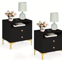 New In Box Pair of Black & Gold Nightstands With Wireless Charging